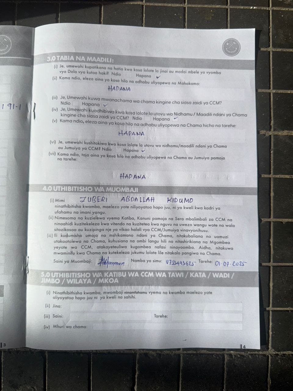 Meya achukua fomu ya udiwanii